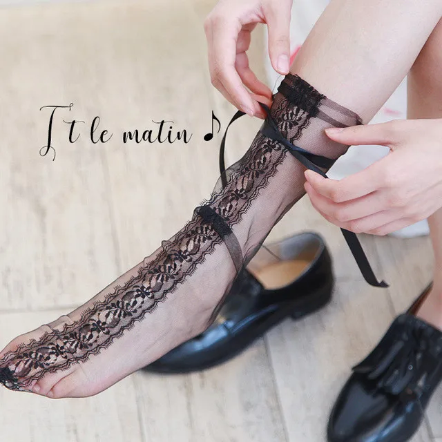

Summer Transparent Ladies Thin Ankle Low Cut Women Crystal Sexy Lace Socks, Image