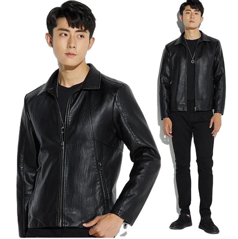 

Young Men casual Leather Coat male Leather short slim clothing design Turn Down collar casual motorcycle leather jacket, As the pictures