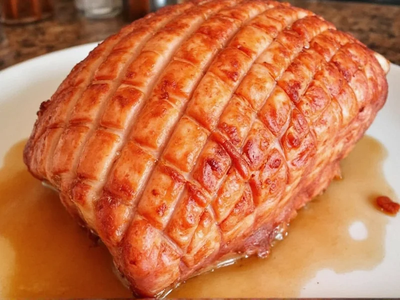 Scoring pattern on baked ham with glaze in crevices