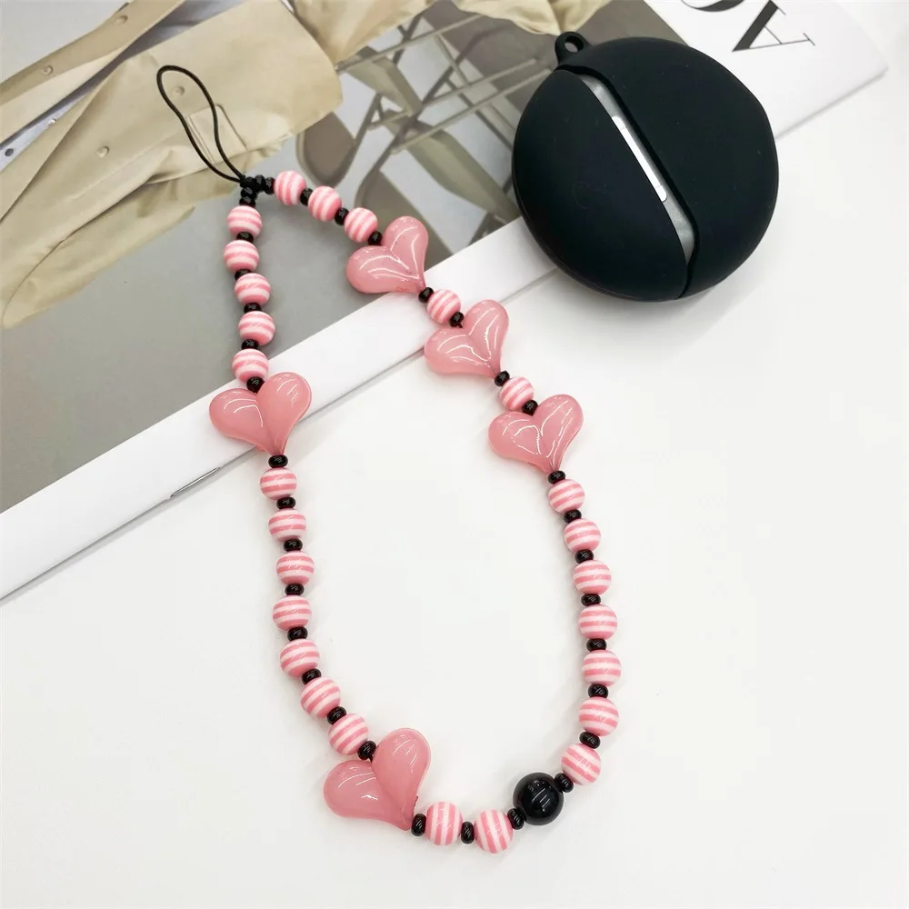 

2023 Boho Summer Phone Chain For Women Cell Decoration Beautiful Pink Heart Fashion Acrylic Anti-Lost Mobile Phone Chains