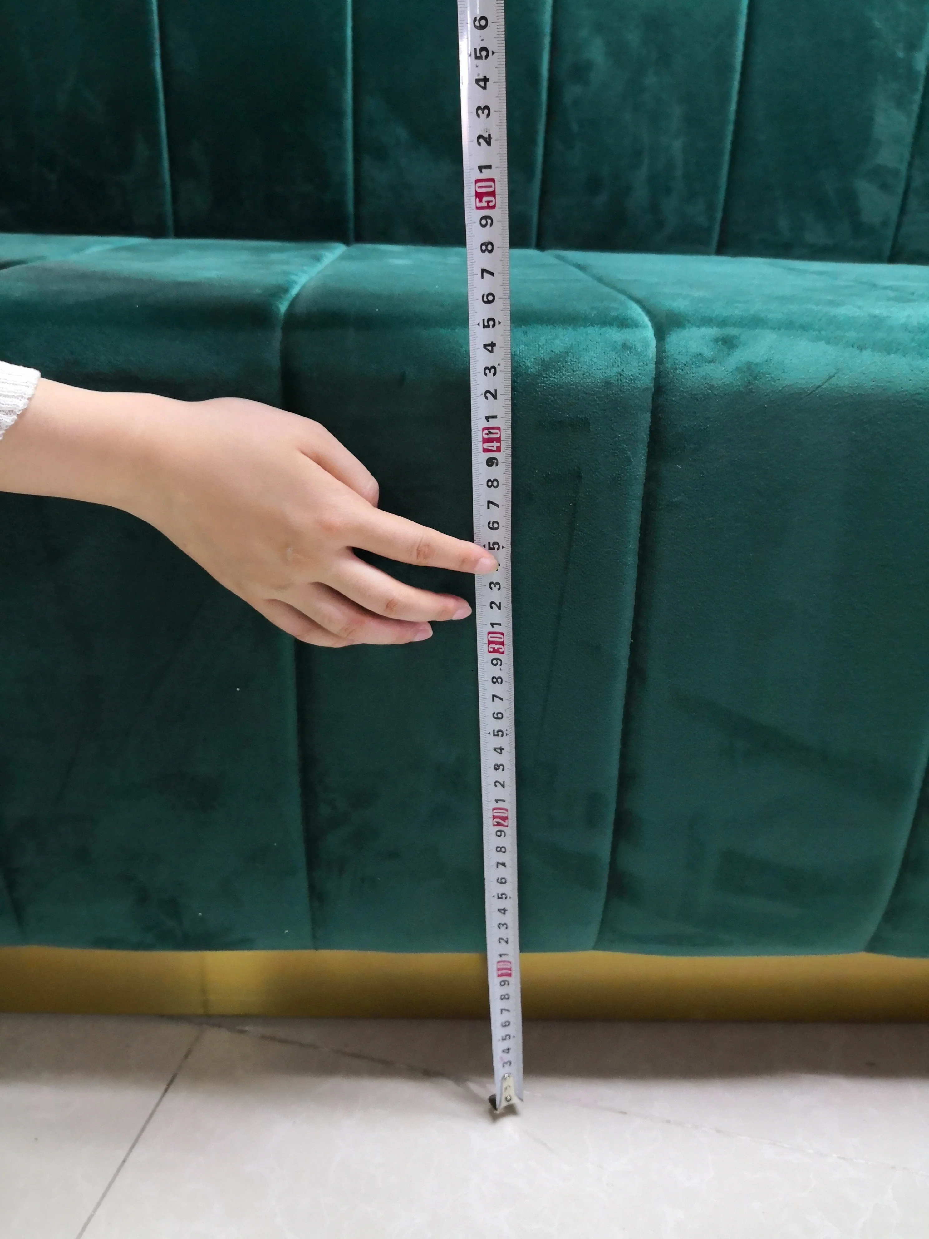 
Green velvet restaurant sofa booth seating custom make Long wall bench gold base restaurant furniture 