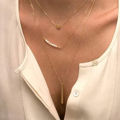 

Wholesale Cheap Trendy Multi Layer Gold Plated Long Bar Pendant Pearl Necklace for Women Jewelry