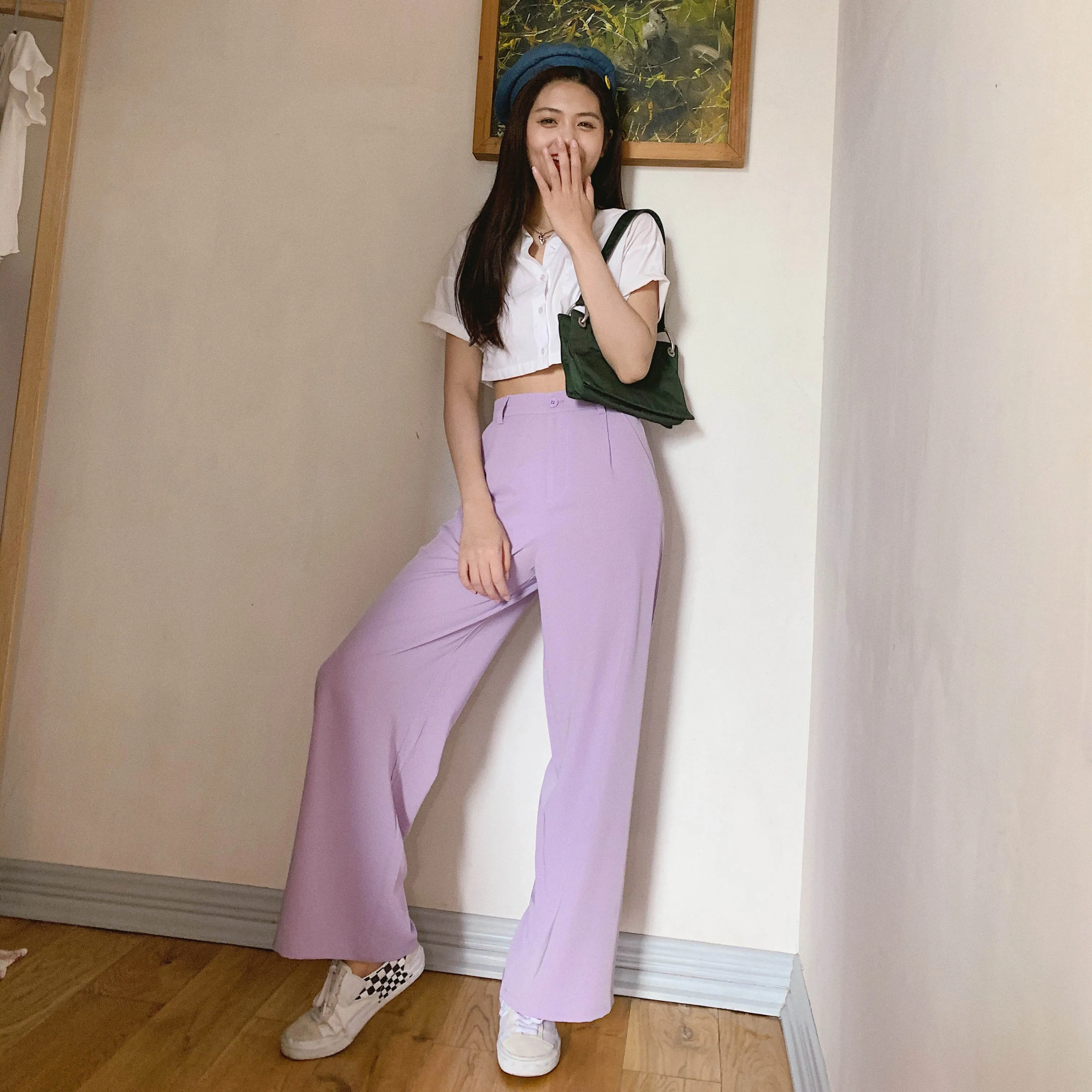 

Women Waist Loose Casual Purple Black Womens Wide Leg High Waisted Pants, Black & purple