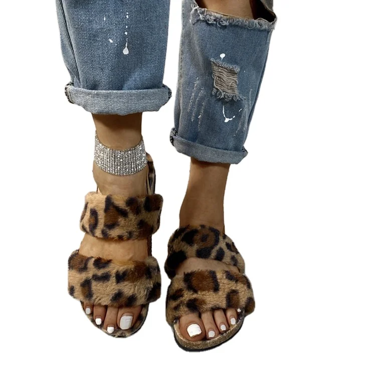 

2021 new arrivals summer ladies faux fur furry teddy bear leopard printed casual flat slippers sandals shoes for women wholesale