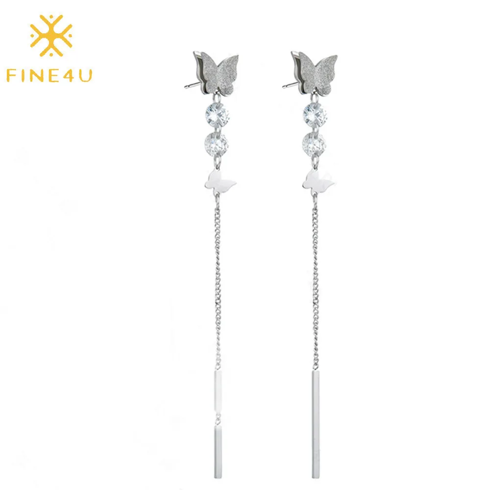 

Elegant women fashion jewelry long tassel cubic zircon stainless steel butterfly earrings