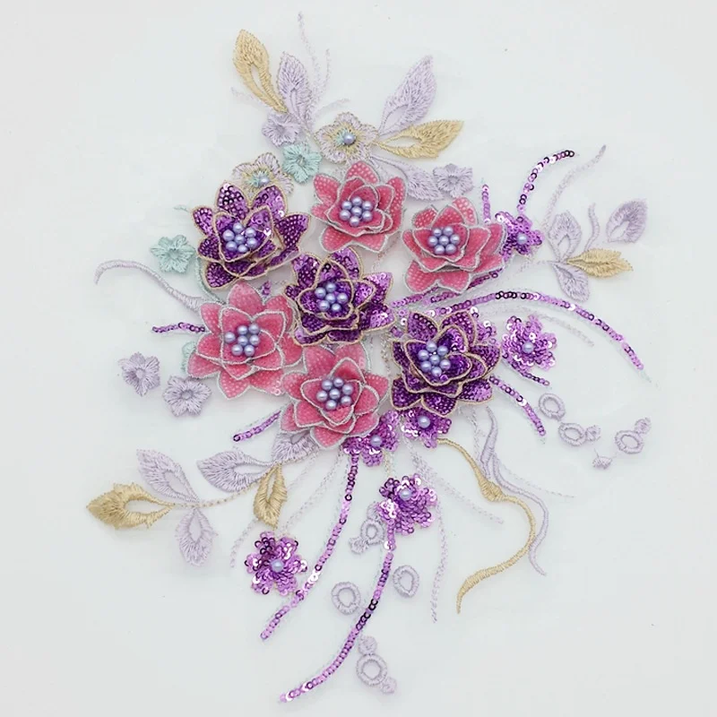 

Embellishment 3d sequined flower mesh pearls lace applique embroidery, Accept customized color