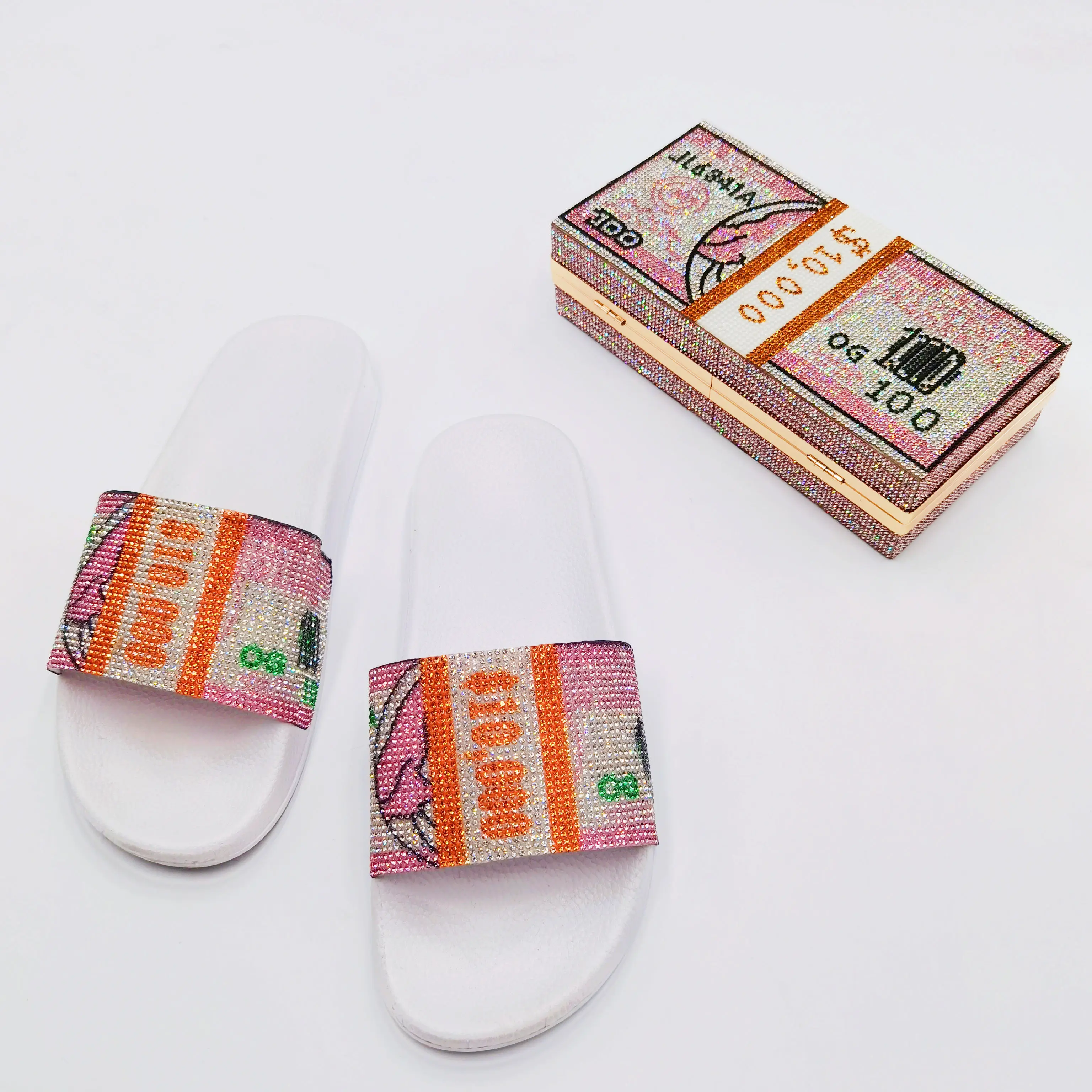 

2021 New Arrival Rhinestone money bags with slides sets Fashion Style Rhinestone Casual Shiny Women Sandals Slipper, Can be customized