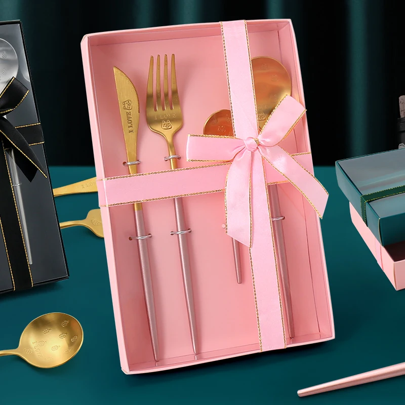

Luxury Dinnerware Luxury Knife Fork Spoon Golden Stainless Steel Wedding Cutlery Set with Gift Box, Silver/gold/rose gold/black + gold/green + gold/pink + gold