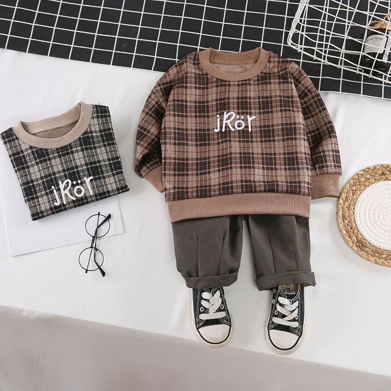 

2021 New arrival casual Boys sweatshirt Clothing Set plaid shirt + pants sport clothing set for kids, Picture shows