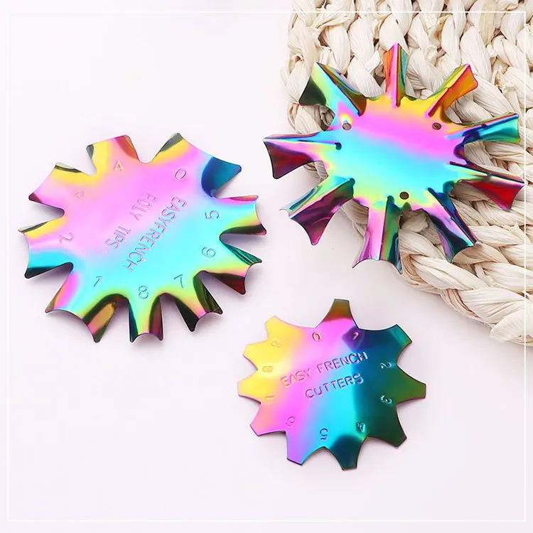 

Wholesale Rainbow French Smile Line Edge Cutter Stencil Trimmer Manicure Nail Art Styling Tool Nail Plate, As picture show