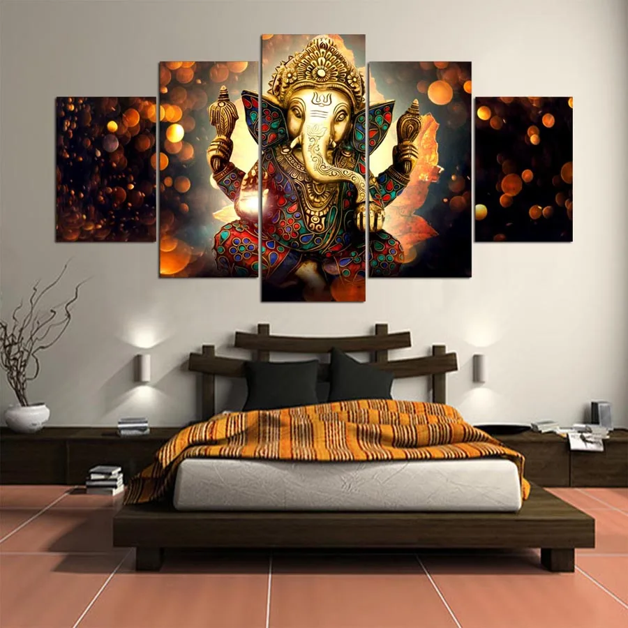 

Canvas Painting Oil Picture Print Stretched 5 Panel Elephant Custom Frame Wood Wholesale Decor Ganesha Indian God Wall Art