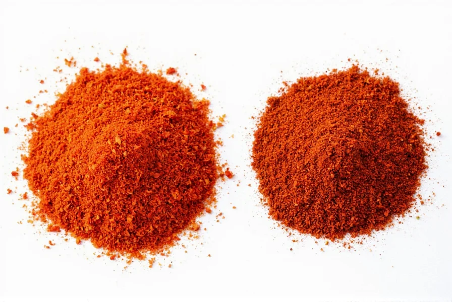 Close-up comparison of red pepper flakes and crushed red pepper showing texture differences