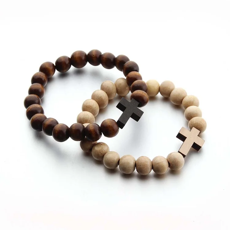 

Jewelry Manufacturer Wholesale Natural  Wood Beaded Cross Bracelet With Cross For Men, Picture shows