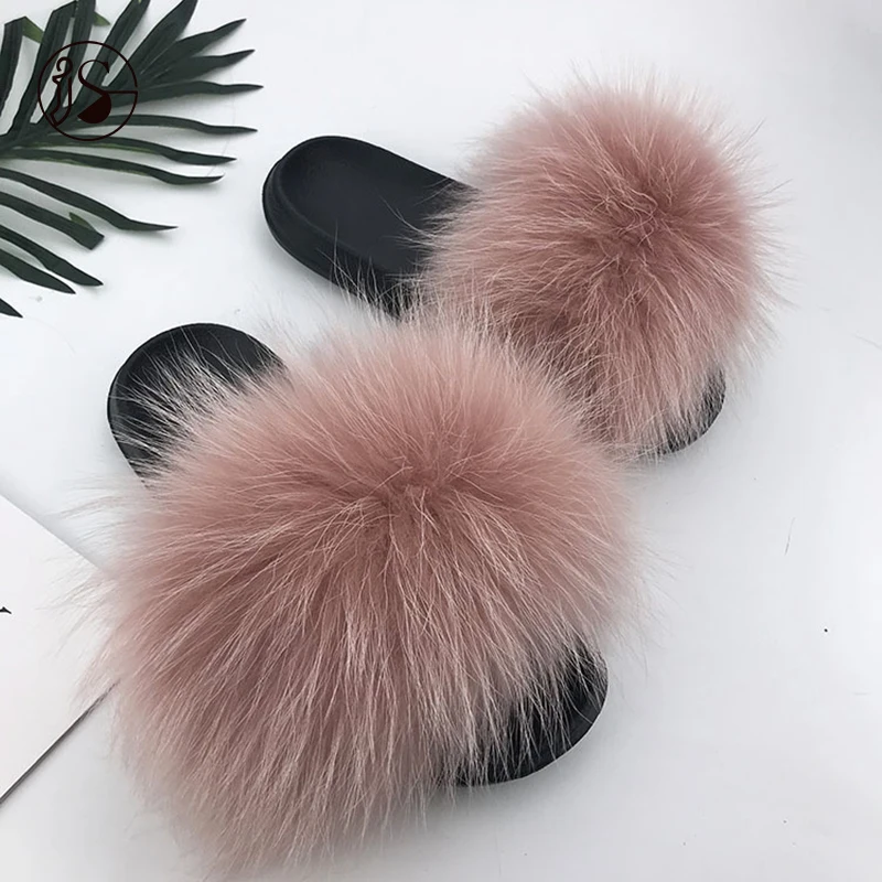 

2021 Fashion Various Styles furry sandals Exquisite real big raccoon fur slippers Plush fur slides for ladies, Picture