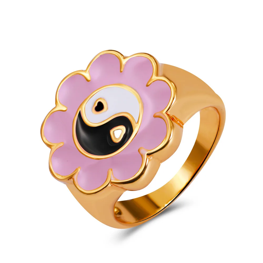 

2021 New Fashion Pink Sunflower With Tai Chi Yin Yang Drop Glaze Chunky Gold Ring For Women, Like picture