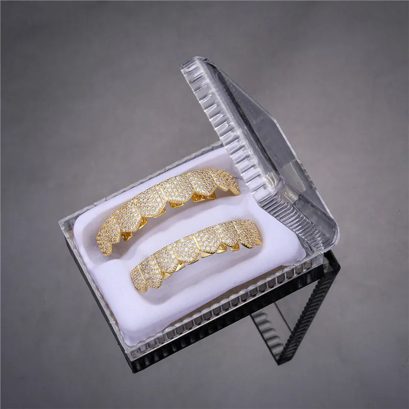 

Hip Hop Teeth Grillz Iced Out Micro Pave Cubic Zircon Top & Bottom Charm Grills Set For Men Women Jewelry Box Packing
