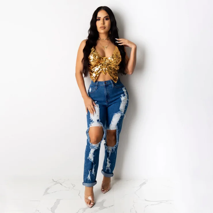 

Summer women's colorful lace up butterfly sequin tops