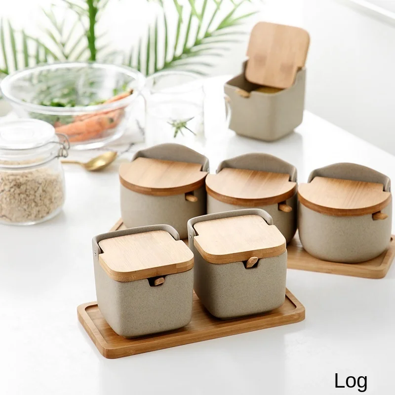 

Japanese ceramic seasoning pot set salt shaker restaurant household kitchen creative bamboo wood seasoning pot, Coffee