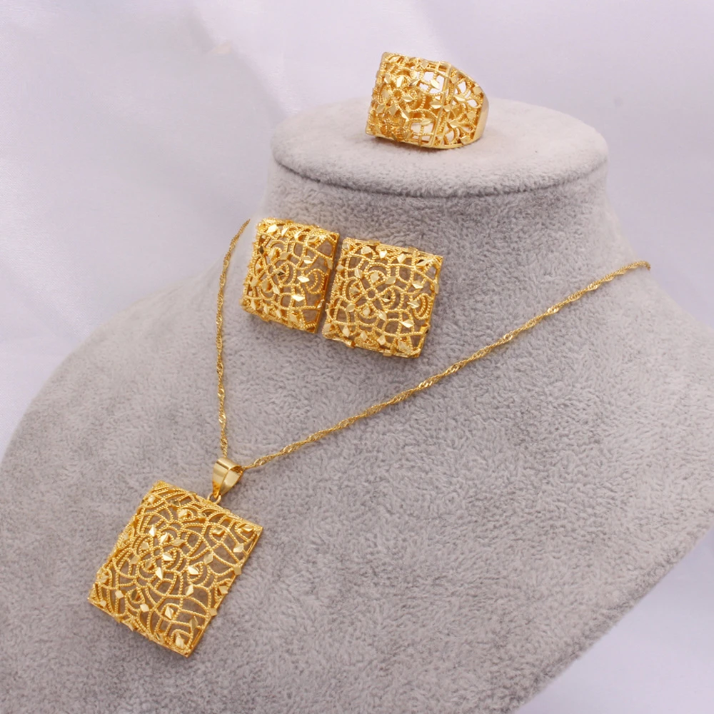

Conjuntos De Joyas India African Wedding Bridal Sets Necklace Earring Ring Middle East Dubai Women 24K Gold Jewelry Set