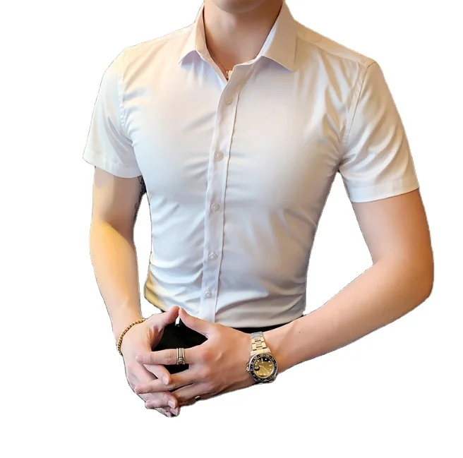 

Plus Size 5XL-M Summer Short Sleeve Men Dress Shirts Simple Korean Slim Fit Business Casual Formal Chemise Homme