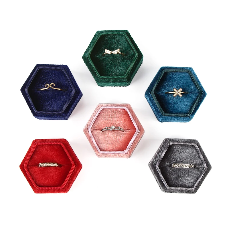 

Hot selling hexagonal velvet ring box factory multi-color spot wholesale velvet fashion proposal diamond ring box jewelry box, Customized