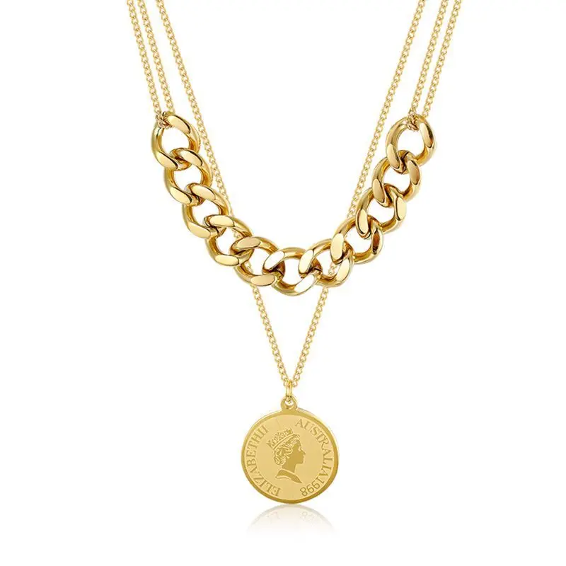 

2021 Women Personality Exaggerated Jewelry 18k Gold Plated Stainless Steel Chain Simple Queen Pendant Multi Layered Necklace