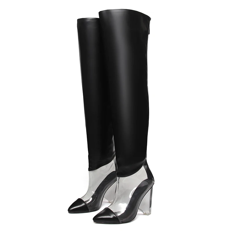 
WETKISS Fashion Cone Heels Shoes Sexy Transparent Boots Over Knee Clear Heel Boots Women Shoes Silver Thigh High Boots 