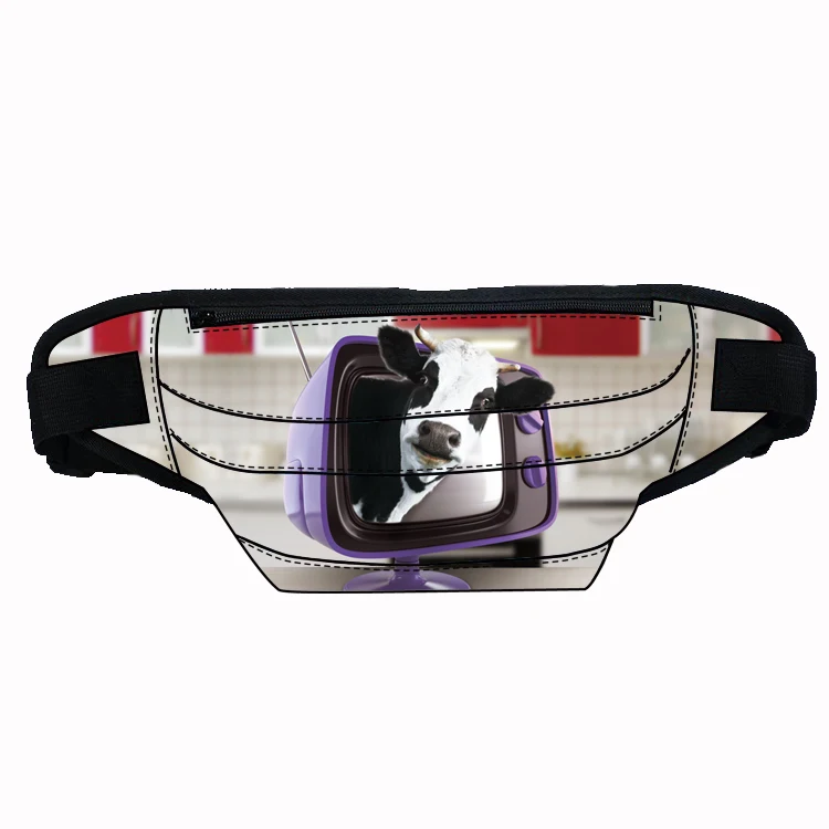 

New arrival waist bags 2021 multi compartment adult waist bag with belt adjustable custom cow design printing, Customized