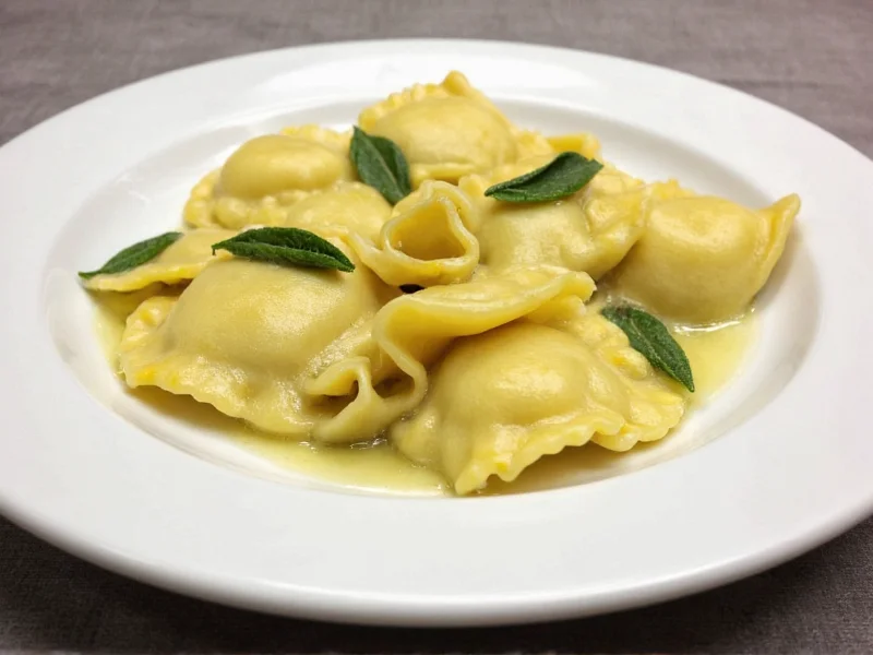 Plated homemade ravioli with brown butter sage sauce