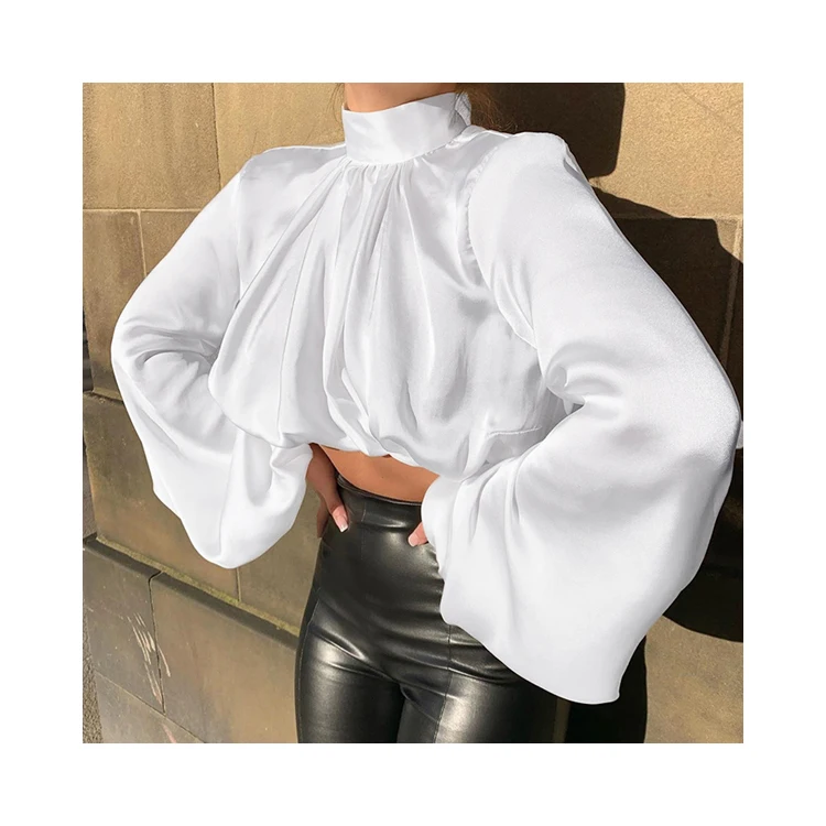 

YH1439 2020 Women Casual Simple Loose Blouses Designs High Neck Long Puff Sleeve Crop Tops, Picture color