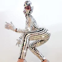 

Silver Sexy women mirror jumpsuit stage dance bodysuit party laser light costume