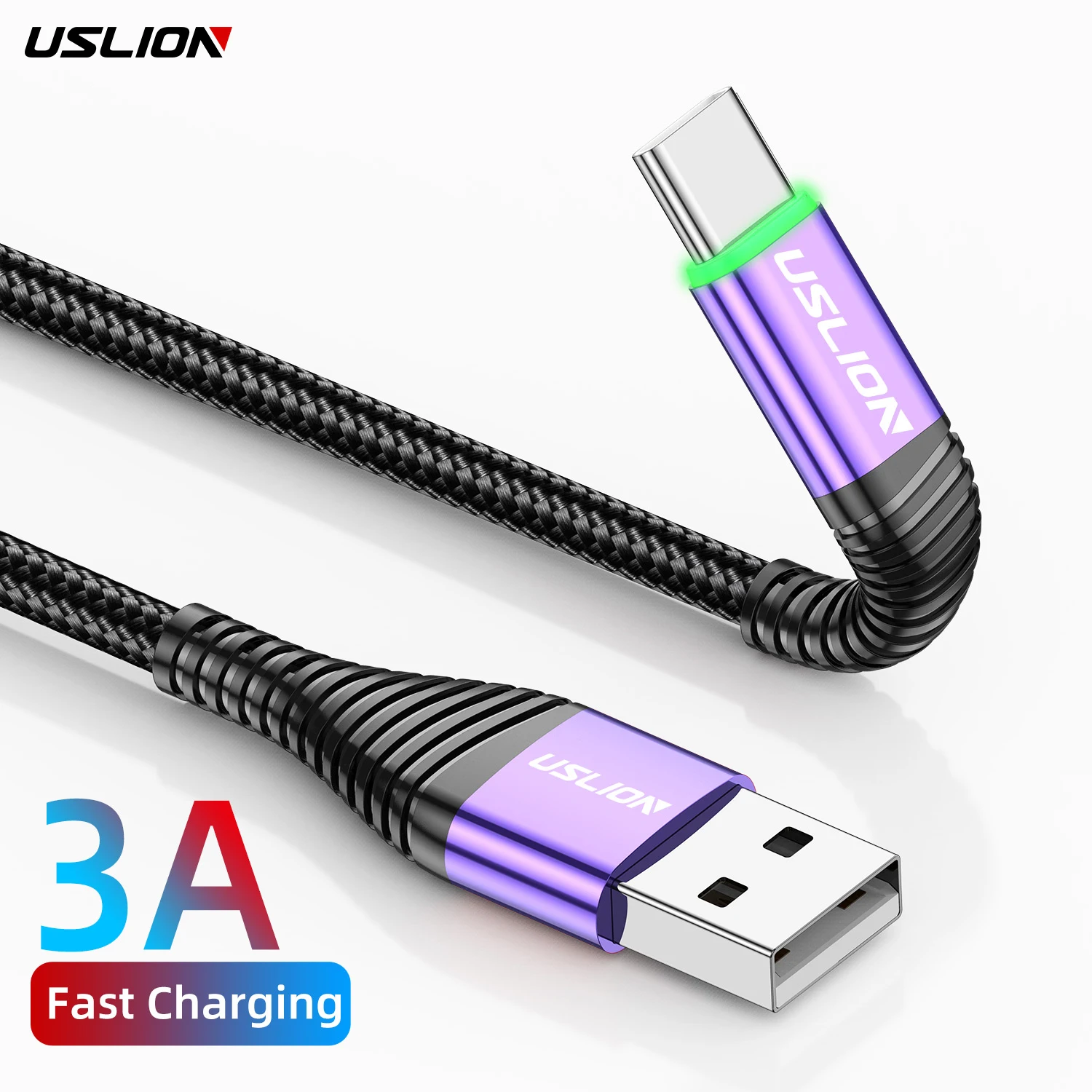 

USLION 1M 2M 3A Fast Charging Green LED Data Charger Cable Micro USB Type C Data Cable Mobile Phone USB Cable For Samsung, Black, blue, purple, red