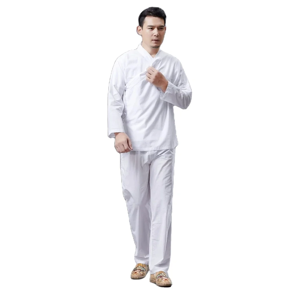 

Retro Chinese style hemp cotton men's White improved Han suits men's clothing long sleeves creative style Linen Jacket + Pant, As the pictures