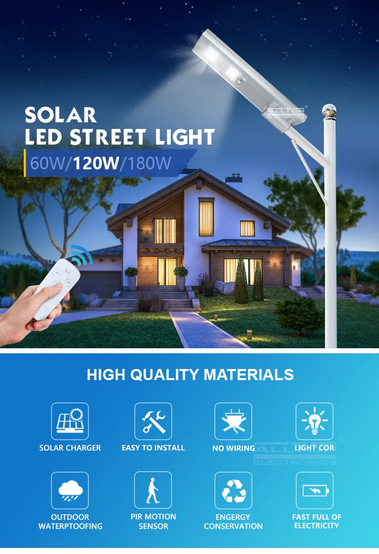 ALLTOP Super brightness high lumen ip65 outdoor 60w 120w 180w all in one solar led street light