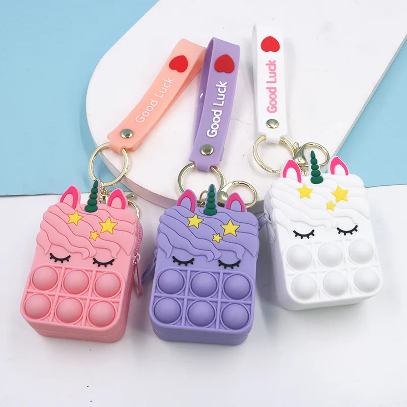 

Wholesale Silicone Children Fidget Coin Purse soft Keychain Cartoon Bubble Music Key Pendant Decompression pop it purse unicorn, 10 colors