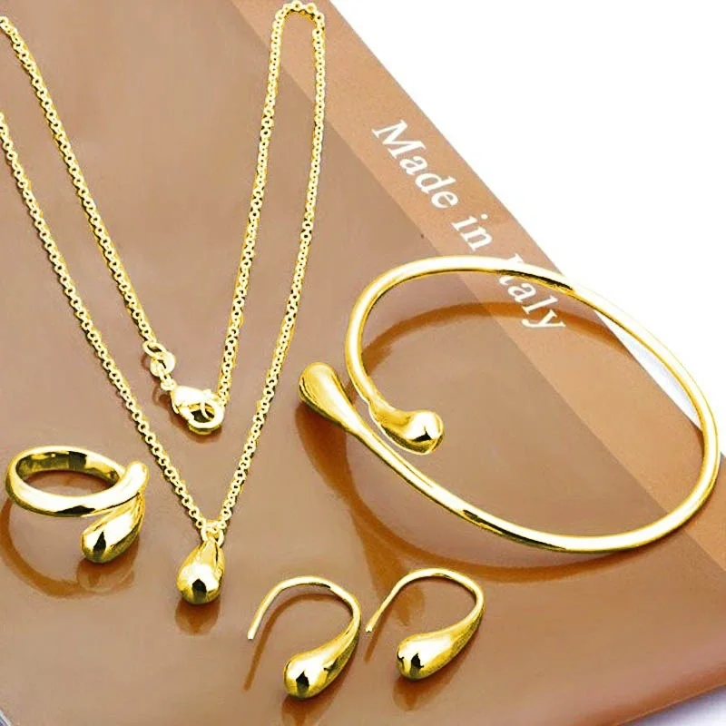 

2021 Best-Selling Set Fashion Simple Alloy 18K Gold Silver Drop 4-Pieces Ring Earrings Necklace Bracelet Jewelry Set for Women