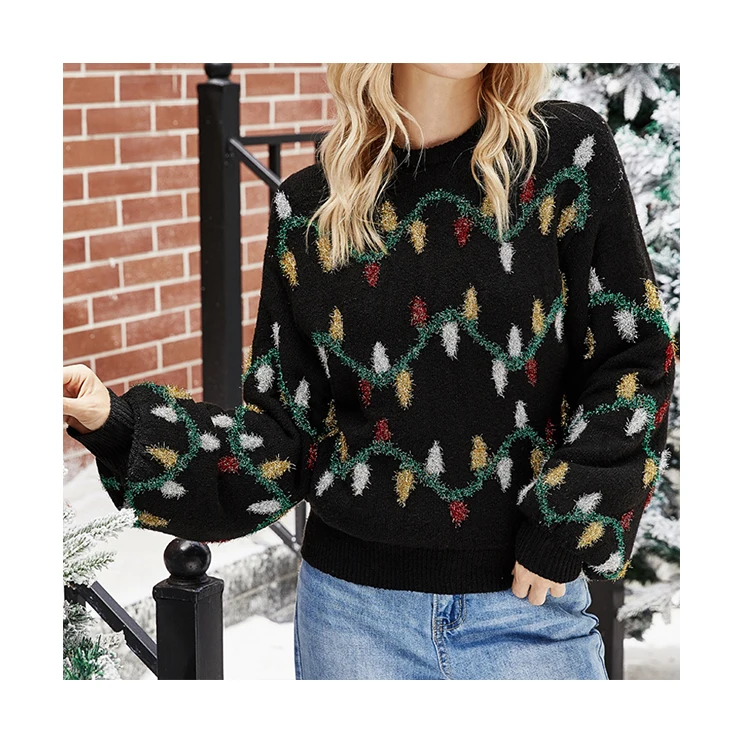 

Fashion soft color lights knitted lantern jacquard sweaters loose ladies christmas pullover women sweater, Picture color