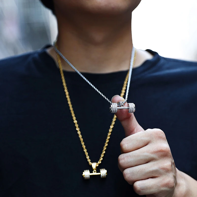 

Fashion Jewelry 2020 Hip Hop Pendant Chain Necklace Gold Iced Out Charm Barbell Necklace Jewelry For Men Accessories, 18k gold