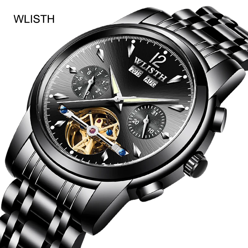 

Top 304 solid strap waterproof double movement stainless steel back cover watch automatic flying tourbillon watch