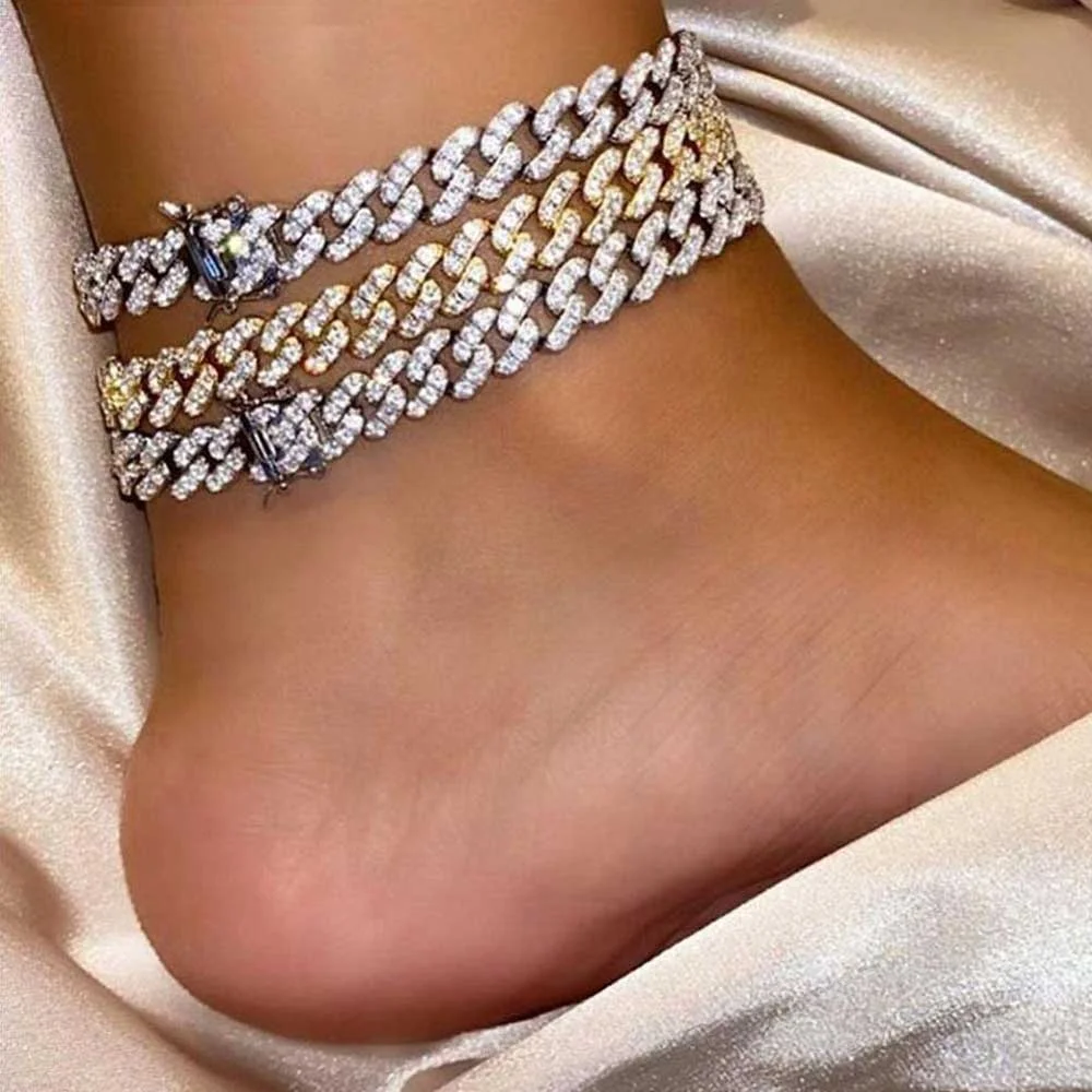 

Hip Hop Cuban Link Anklet Wholesale Jewelry for Women Iced Out Bling Rhinestone Anklet Barefoot, Butterfly tennis bracelet