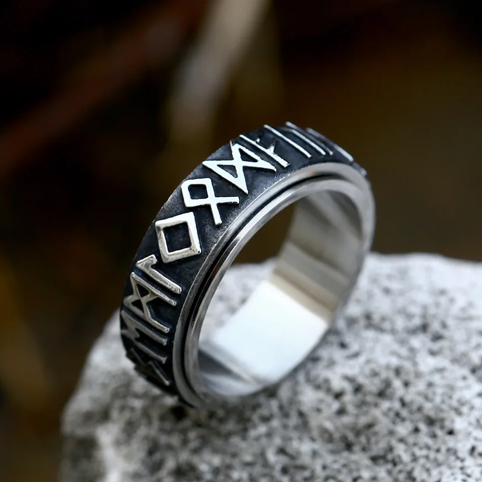 

SS8-R200 New Fashion Viking Runes Amulet Ring Spinning Ring Stainless Steel Words Ring For Men Women Vintage Jewelry Wholesale