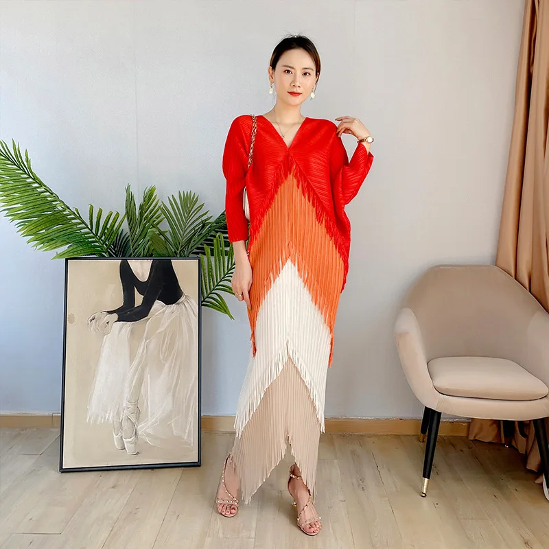 

FXZ Miyake pleated v-neck color bat sleeve fishtail tassel dress loose thin temperament fashion long pleats please women dress, Customized color