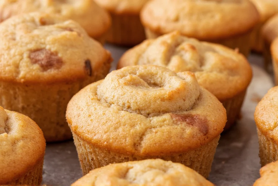 Close-up of golden apple cinnamon muffins with visible apple pieces and cinnamon swirls on baking tray