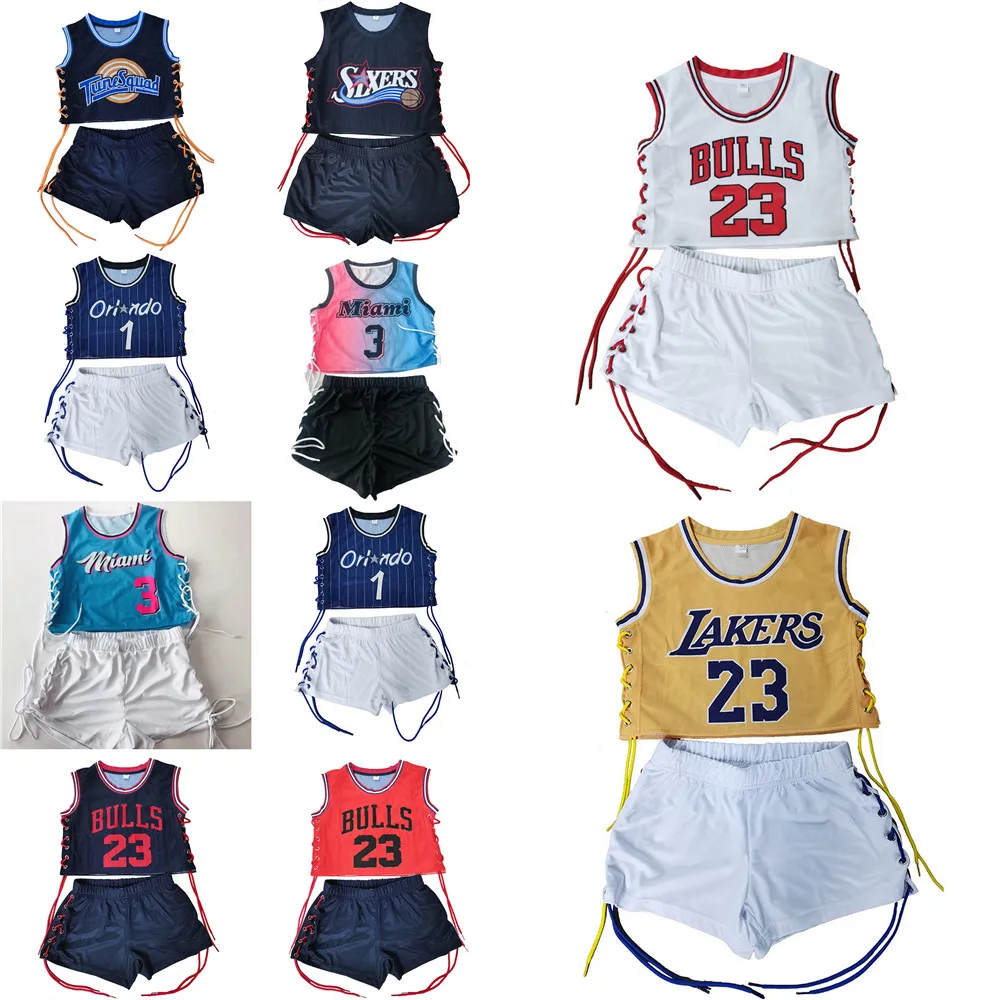 

2021 new arriavls two piece sports set for women basketball Jersey lace up tank top and shorts matching sets workout clothing