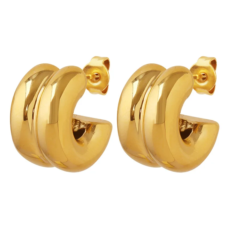 Waterproof Non Tarnish 18K Gold Plated High Polished 316L Stainless Steel Double Layer Cc Earring for Women