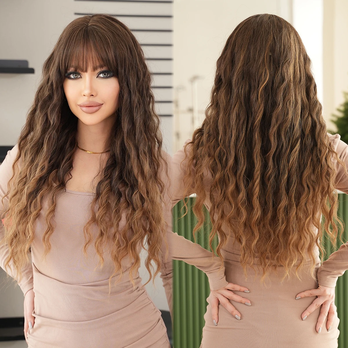 Wholesale Machine Wig With Bangs Long Wavy Ombre Light Brown Wig Natural Curly Synthetic Hair for Women Peluca Sintetica Daily