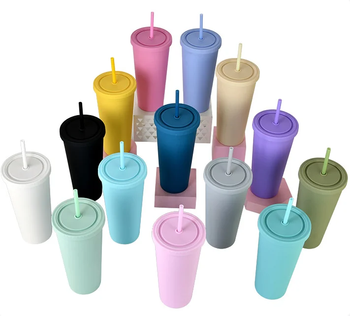 

wholesale double-layer frosted resuable plastic cup tumbler straw coffee cup, Mixed