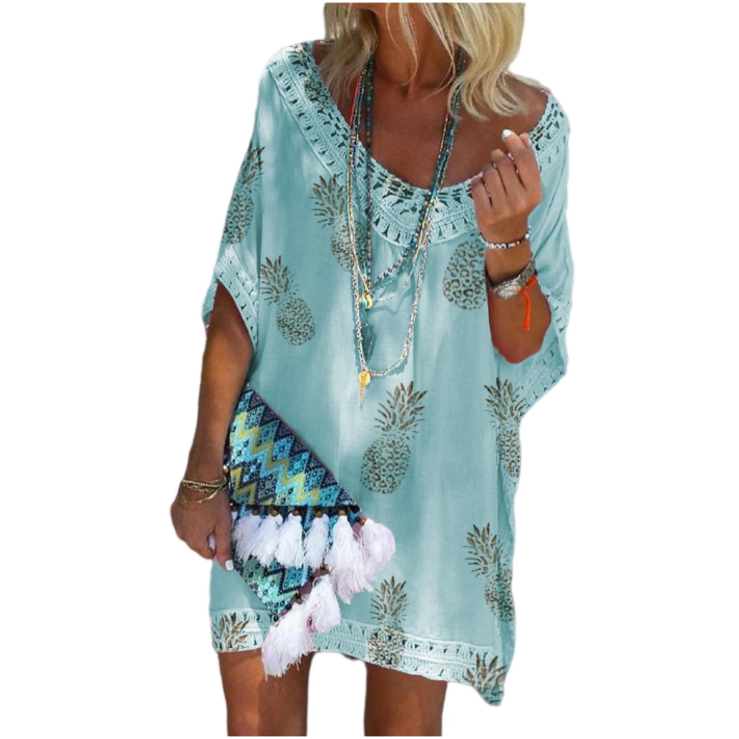 

Spot 2021 summer European and American V-neck short-sleeved lace stitching printed dress