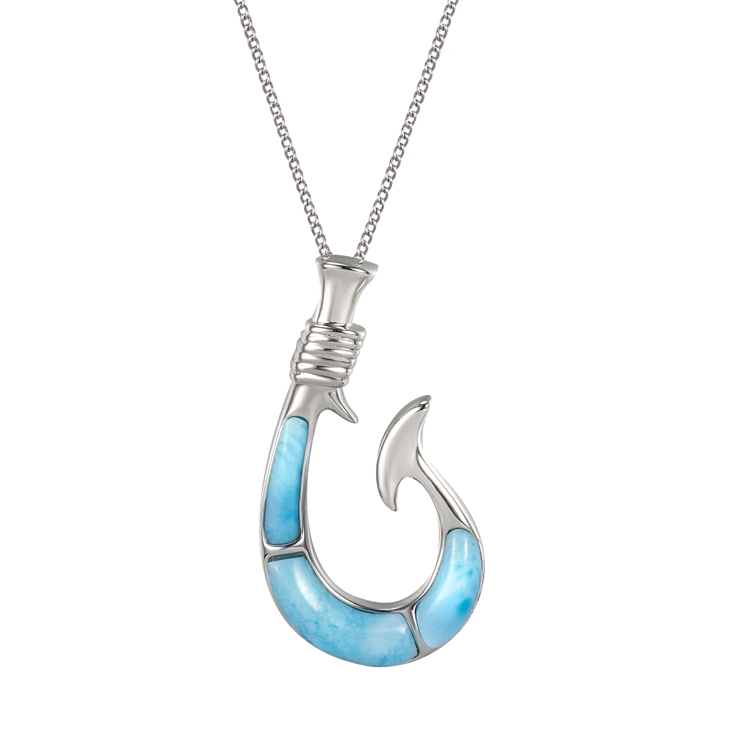 

925 Sterling Silver Sea Life Jewelry Dominica Natural Blue Larimar Fish Hook Pendant Necklace