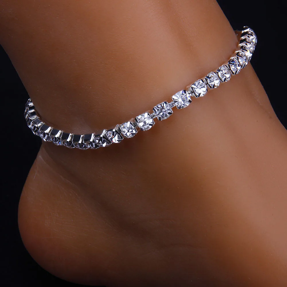 

2021 Summer Hot Selling Single Layer Full Crystal Tennis Chain Anklet Sparkling Diamond Ankle Bracelet